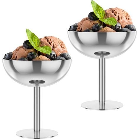 Coupes à glace à pied en acier inoxydable - Lot de 2 - 180 ml - Argent - Coupes à dessert - Pour desserts, glaces, mousses et cocktails (1/5)