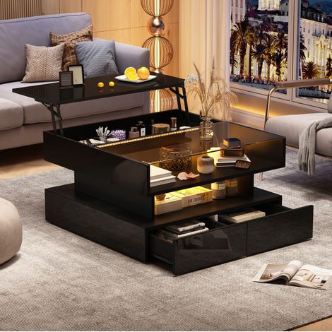 Table basse 80x80x45 cm noire en panneaux de particules et verre trempé avec plateau relevable, LED et 2 tiroirs (1/5)