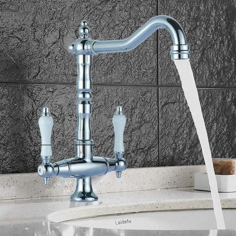 Wasserhahn Küche Chrom Zweigriffmischer Küchenarmatur Retro Waschtisch Armatur Spültischarmatur 360° Schwenkbar Zweigriff Mischbatteri Mischbatterie