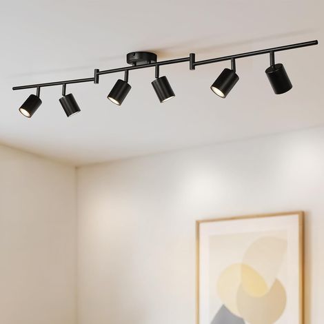 1 Plafonnier 6 Spots, Orientable 350°, Métal Noir, Douille GU10, Pour Cuisine Salon