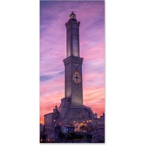 Lupia - Quadro moderno su Tela Canvas DEEP 65X143 cm, con paesaggi e localismi italiani, per casa, soggiorno, capezzale camera da letto, hotel, ufficio, GENOVA - TRAMONTO SULLA LANTERNA (1/4)