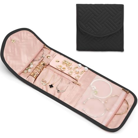 Ensemble de rangement pour bijoux, pochette pliable avec système anti-perte, idéale pour bagues, colliers, bracelets, boucles d'oreilles et accessoires, petit format, noir (1/5)