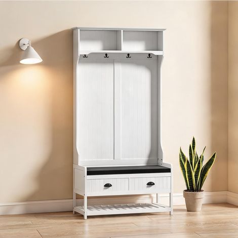 Porte-manteau d'entrée blanc 2-en-1 avec banc à chaussures en MDF (1/5)