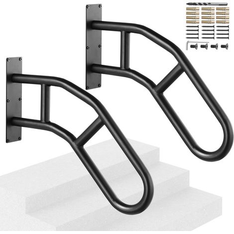 Main courante d'escalier pour marche extérieur, 737 mm, rampe de sécurité murale U pour 1-3 marches, finition noire mate, rampe escalier pour personnes âgées, femmes enceintes, handicapées, 2PCS (1/5)