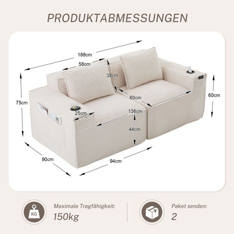 Canapé 2 places modulaire velours côtelé, porte‑gobelets et poches latérales, ressort et mousse haute densité, emballé compressé, sans assemblage, pour salon et appartement (1/5)