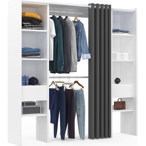 Idmarket – Dressing modulable extensible 120/180 cm – Largeur 50 cm – Hauteur 180 cm – 8 étagères réglables – Double penderie avec rideau gris