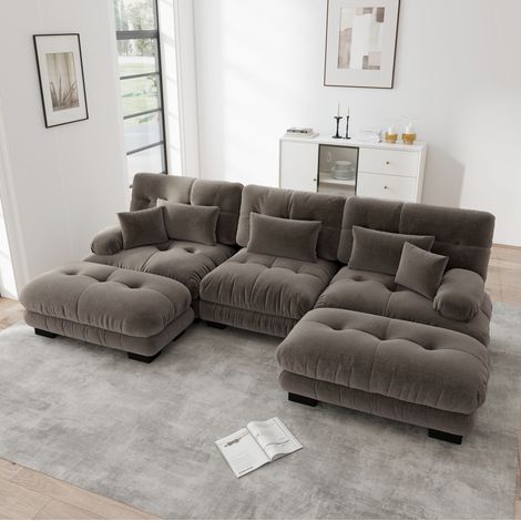 Canapé d'angle modulaire chenille marron avec ottomans HAVRYA (1/5)