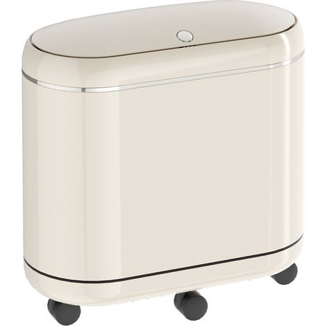 Poubelle étroite gain de place 12 litres à clapet à ressort sur roulettes pivotantes, bac double cuve sans odeur design minimaliste crème pour espaces confinés sanitaires et intérieur appartement (1/3)