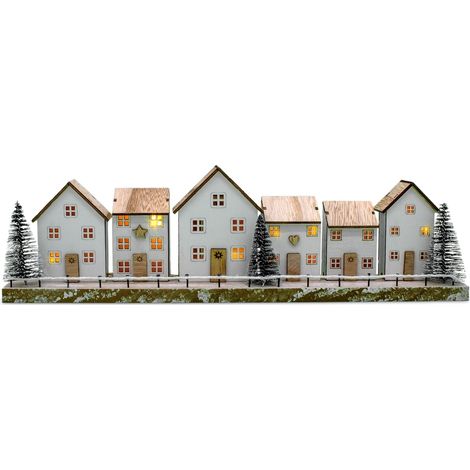 LED Holz Weihnachts Szene weiß Batterie betrieben - 40 x 11 cm - Deko Winterlandschaft warm weiß beleuchtet - Weihnachts Dorf Winter Stadt Tisch Deko Fensterdekoration