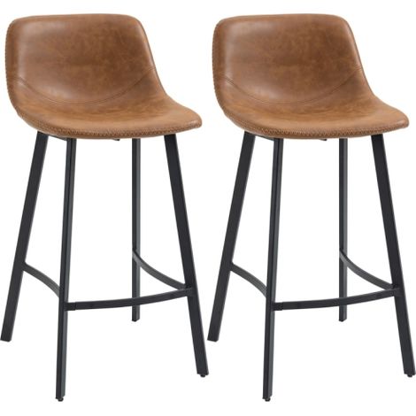Set of 2 Brown PU Leather Bar Stools with Backrest,Upholstered Kitchen Chairs,Steel Legs for Dining Room and Home Use