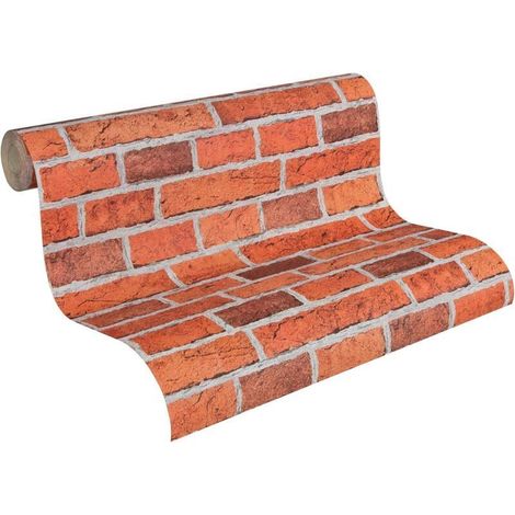 Papier Peint Décor Pierre Brique en PVC - 0.4510 m - Rouge brunâtre - pour un café, un salon, une chambre (1/5)