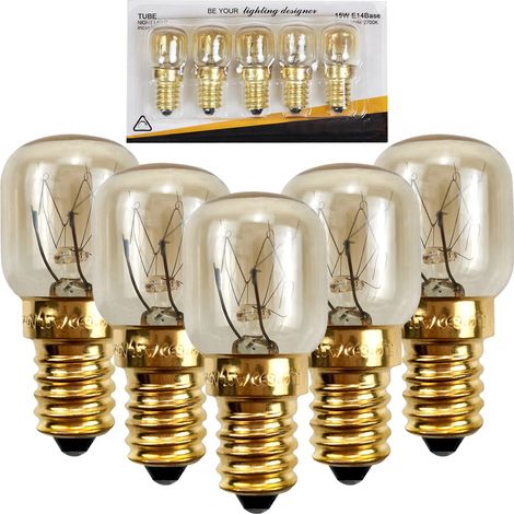5 x Glühbirnen für Backofen und Mikrowelle, E14, 15 W, 230 V, 80 Lumen, 2800 K, hochtemperaturbeständig bis 300 Grad (ST22 ⌀22 mm) [Energieklasse G]