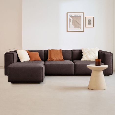 Modulares Ecksofa mit losen Hockern, dunkelbrauner Leinenstoff (1/5)