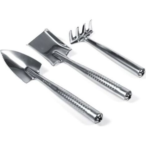 Lot de 3 mini pelles et râteaux en plastique et acier inoxydable, outil de jardinage, jouet de jardinage (acier inoxydable)