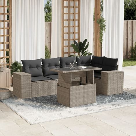 Salon de Jardin Modulable 6 Places Résine Tressée Gris Clair avec Table Réglable et Coussins Anthracite (1/5)