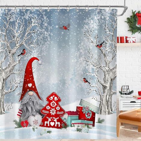 rideau de douche d'hiver et de Noël pour salle de bain, 183 cm x 183 cm, avec de jolis gnomes, cardinaux, flocons de neige, oiseaux enneigés et décorations de forêt pour les fêtes. Décoration de baign (1/5)