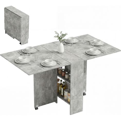 80-140 cm Folding Dining Table for 4-6 People, Drop Leaf Table with 2-Tier Shelves, Rolling Casters, for Small Spaces, Kitchen, Flat, Dining Room, Cement Grey