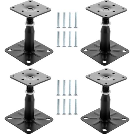 Lot de 4 Supports de Poteau Bois Noir, Galvanisés Réglables en Hauteur 100 à 150 mm, 75 x 95 mm à visser, Pied de Poteau Reglable pour Clôtures, Abris, Pergolas (1/5)