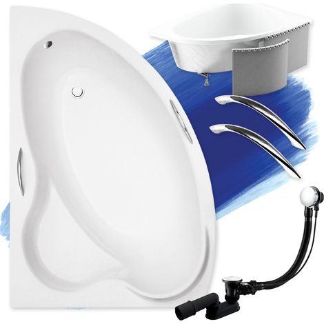 Baignoire Bain d'angle 140x90 Gauche avec des panneaux en polystyrène + poignée, Siphon de bain et pieds - Set 5en1 - Fabriqué en UE - BADLAND ADA