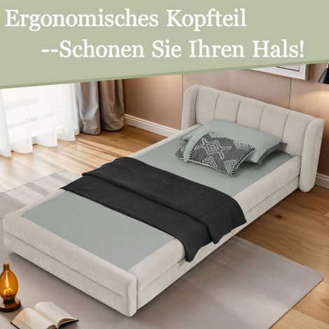 Lit individuel 90200 cm, tissu chenille adapté à la peau, appui-dos confortable, également adapté comme lit d'enfant, Beige (sans matelas)