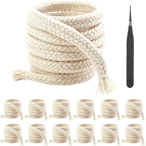 Confezione da 12 stoppini di ricambio per lampade a olio - 6 mm x 1 m - Cotone intrecciato - Per la fabbricazione di candele - Fai da te - Con pinzette (1/5)