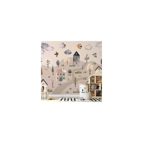 Papier peint mural - Vallée scandinave - village aux couleurs pastel peint à l'aquarelle