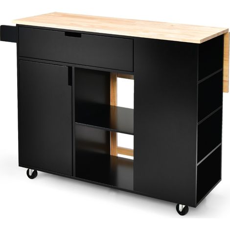 Carrello su ruote bloccabili con piano in legno di gomma cassetto Isola da cucina a foglia a goccia Nero (1/4)