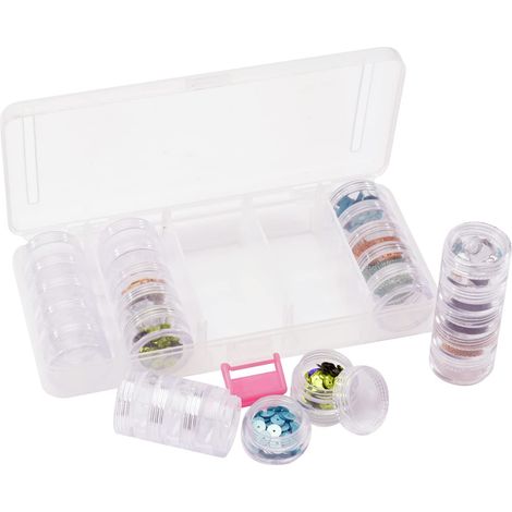 Boîte de Rangement - 25 Pots de Ø 3 cm x 1,5 cm - Plastique - 18,5 x 8,5 x 3,2 cm - pour Album Photo de Classe, Accessoires Diamond Painting et Scrapbooking (1/3)