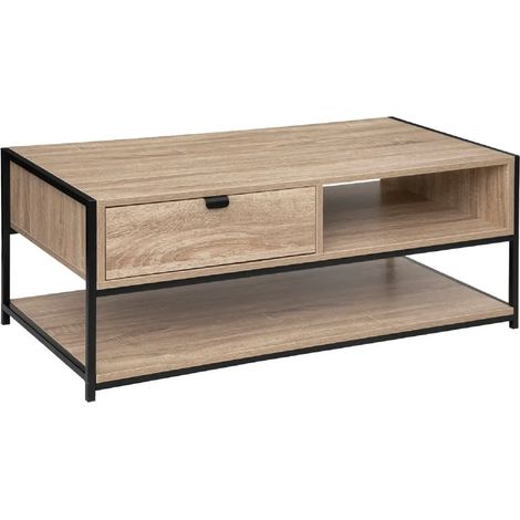 Table basse rectangulaire avec rangement en bois naturel avec pieds en métal noir - Longueur 100 x Profondeur 40 x Hauteur 50 cm (1/4)