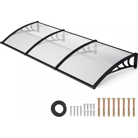 Jiubiaz Tettoia per porta esterna 300 x 100 cm, policarbonato 5 mm, grondaia di scarico, supporti ABS neri, copertura trasparente (1/5)