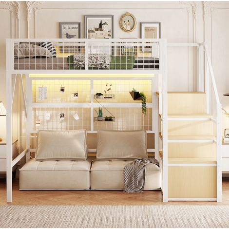 Letto a soppalco 140x200 cm in metallo bianco con contenitori salvaspazio - MEUBLIV (1/5)
