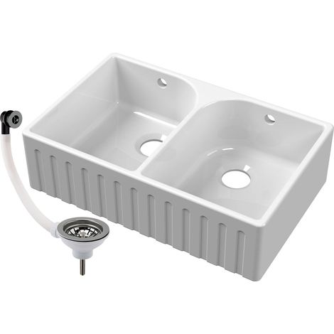 Balterley Fireclay Double Bowl Fluted Front Butler Kitchen Sink with Full Weir, Overflows, Tap Ledge & Brushed Nickel Wastes 795mm (1/3)