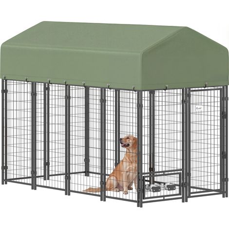 Recinto per Cani da Esterno in Acciaio con Tetto in Tessuto Oxford, Anti-UV, Impermeabile, 2 Ciotole, Verde