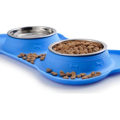 Gamelle double pour chien et chat en acier inoxydable, antidérapante, dimensions 36 x 20 cm, bleue (1/5)