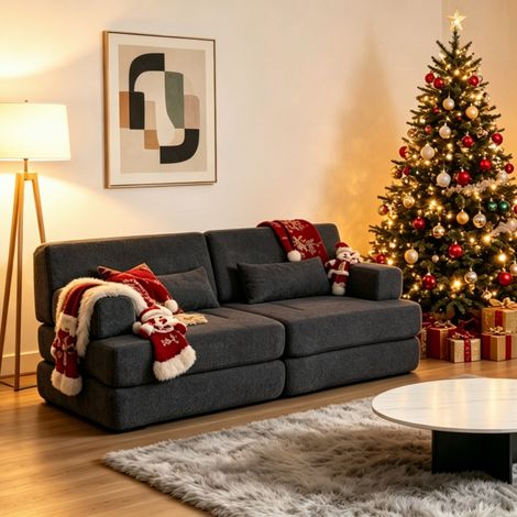 MODFU – Divano letto a panca modulabile 2-in-1 in ciniglia con schienale alto, convertibile senza attrezzi, cinghie di collegamento e struttura in ferro per monolocale – Nero (1/5)