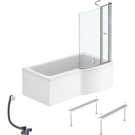 Pack baignoire bain douche 150 x 80 cm droite IDEAL STANDARD Connect Air + tablier + pare bain avec volet  + pieds + vidage Blanc
