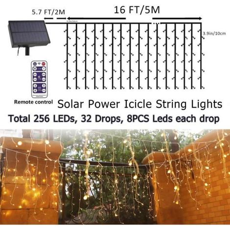 Rideau solaire lumineux 256 LEDs, 5 m, guirlande lumineuse, 8 modes, lumière cascade, lumière glace, décora456 (1/4)