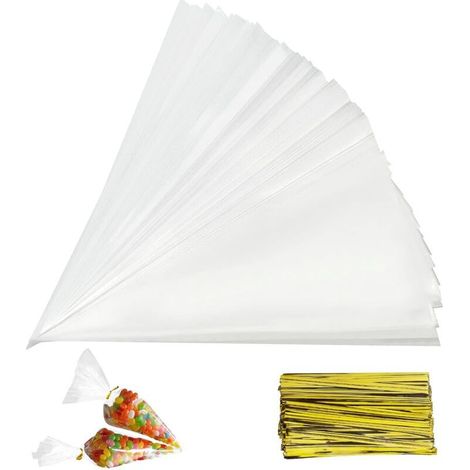 150 PCS Sachets Transparents Bonbons, Sacs à Cône Transparent, Sac de Bonbons en Plastique Biscuit Cadeau Mariage, pour emballer des biscuits gâteau au chocolat confiserie (13 x 25 cm) (1/4)