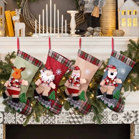 Chaussette de Noël,Lot de 4 Xmas Chaussette de Noel Personnalisé 40x24cm,Grande Taille Chaussettes Noël a Suspendre Renne Bonhomme (1/5)