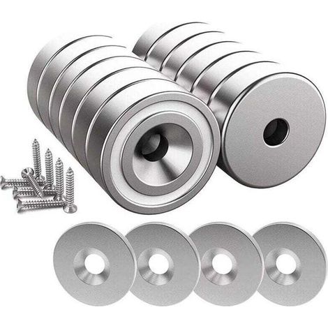 12 aimants néodyme force 10 kg 20 x 7 mm avec trou et capsule, aimant à tête fraisée avec vis et 12 pastilles en acier (argent brillant) (1/4)