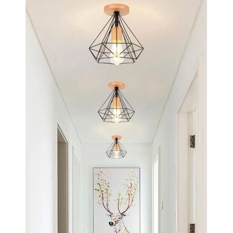 3pcs Plafonnier Industriel en Cage Diamant Noir E27 Lampe de Plafonde Vintage en Métal pour Salon Chambre (1/4)
