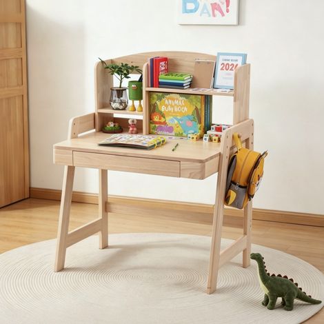 REDOM - Bureau enfant - 60x88.2x118 cm - hauteur réglable - avec tiroir - rangement et crochet - bois - naturel (1/5)