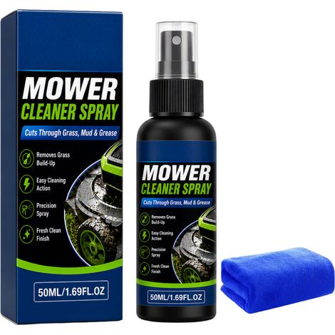 Spray nettoyant pour tondeuse (50 ml) + 1 serviette : Nettoie les résidus de tonte secs et les débris du corps et du châssis de la tondeuse, en éliminant la boue et les amas de saleté. (1/5)