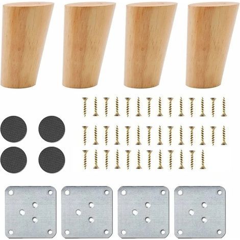 Lot de 4 Pieds de Meuble en Bois, 8 cm Pieds de Canapé de Rechange, Table Basse Jambes, pour lit, Placard, Banc, Meuble TV, Armoire, avec Accessoires(Conception inclinée) (1/5)