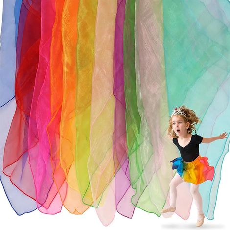 Lot de dix huit foulards carrés en tulle soixante centimètres pour jeux de couleurs et activités sensorielles pour enfants (1/5)