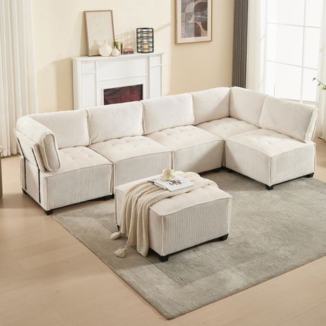 Canapé 308x154x82 cm, canapé modulable 6 places, tissu velours côtelé, ergonomique, poches de rangement, canapé convertible en U/L - Beige (1/5)