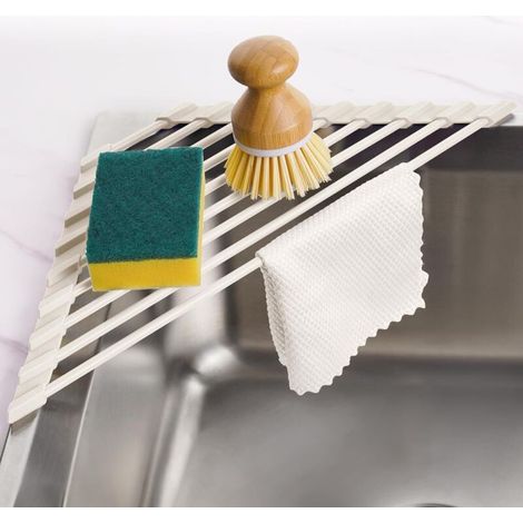 Petit égouttoir à vaisselle triangulaire enroulable avec revêtement en silicone et cadre en acier inoxydable pour les coins d'évier (1/5)