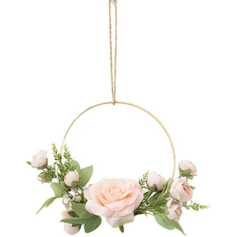 Couronnes de fleurs dorées à suspendre, fleurs artificielles, cadre rond, guirlande de roses roses (rose) (1/5)