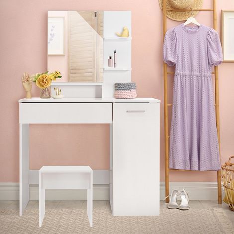 ML-Design Coiffeuse Moderne avec Miroir et Tabouret, 90x38x138 cm, MDF, Blanc, Table de Maquillage Tiroir, 2 Étagères et Armoire Inférieure, Beaucoup Espace de Rangement, Chambre à Coucher et Dressing (1/5)