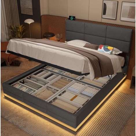 MEUBLIV Cama 160x200 cm gris oscuro con arcón hidráulico, LED y USB, sin colchón (1/5)